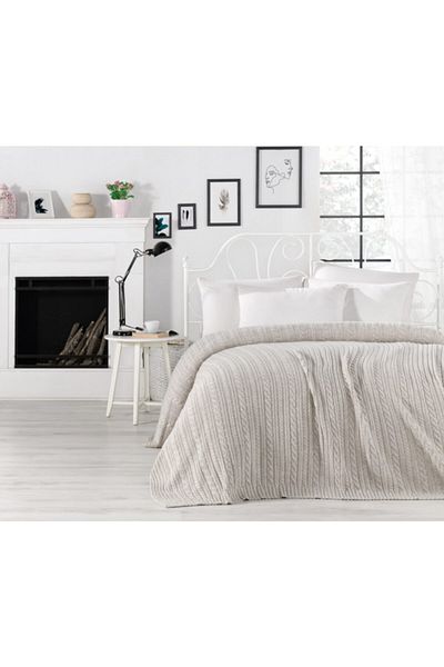 Betires Home بطانية محبوكة مزدوجة باللون البيج