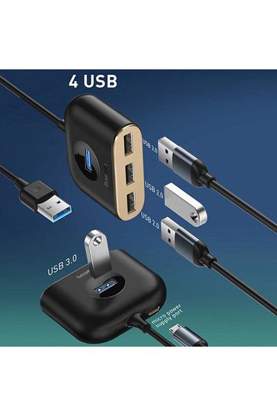 Baseus محول USB مربع دائري 4 في 1 (Usb3.0 إلى Usb3.0*1+usb2.0*3) 1 متر