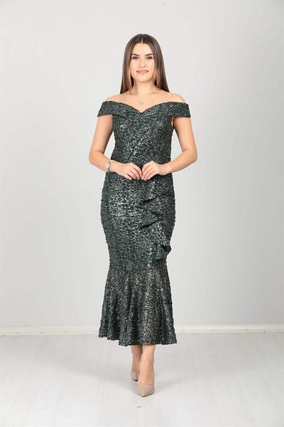 giyimmasalı Boat Neck Skirt Flounce Ruffle Detailed Sequin Dress - Emerald
