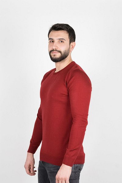 Çizgi Triko Κανονικό ανδρικό πλεκτό Claret Red πουλόβερ με λαιμόκοψη μανίκια και μέση ελαστική χειμερινή ύφανση
