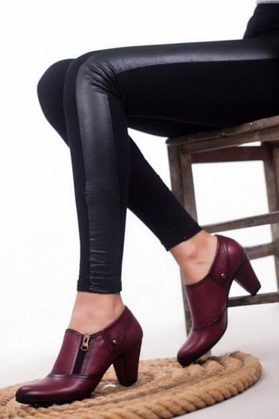 Deripabuc Genuine Leather Claret Red Women's Heeled Leather Shoes Trc-1069