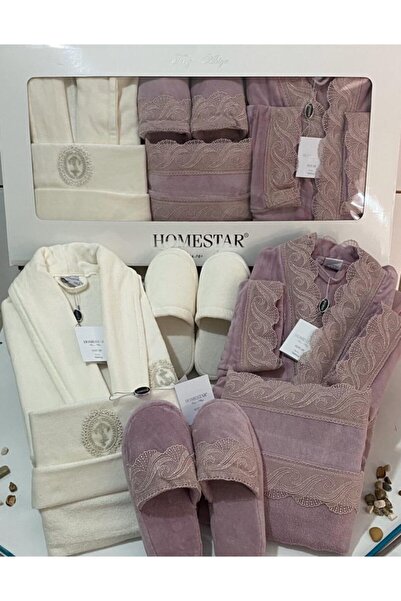 Homestar Velvet Line Denistan Lila Krem Aile Bornoz Seti