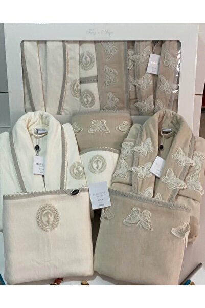 Homestar Velvet Line Kelebek Kapiçino Krem Aile Bornoz Seti