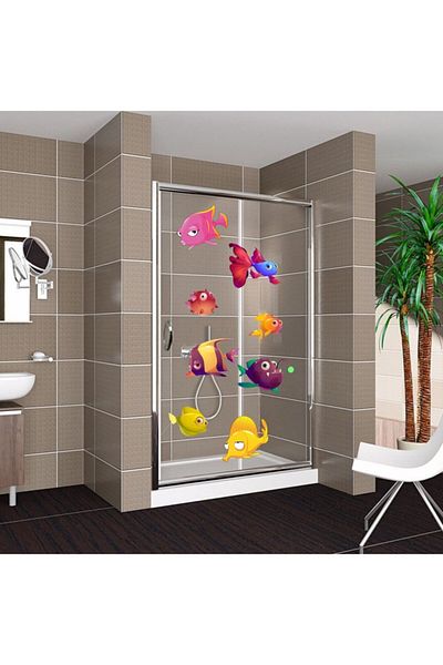 Walldeco Autocolant pentru cabină de duș și baie cu pești amuzanți