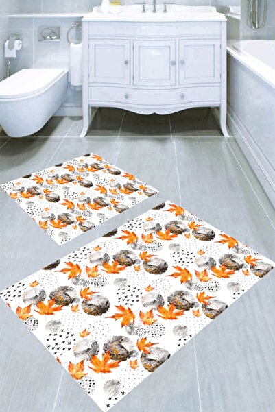 Resmiro Turuncu Sonbahar Yaprakları Desenli 2li Banyo Paspası (50x60 Cm - 60x...