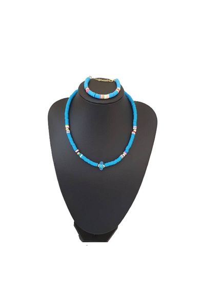EDWOL Fimo Soft Evil Eye Beaded Necklace and Bracelet Set Blue