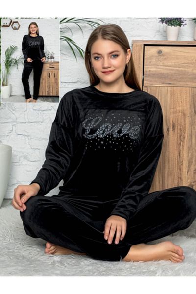 Altınay Chest Star Detailed Velvet Pajama Set