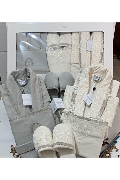 Homestar Velvet Line Pullu Meral Krem Gri Aile Bornoz Seti