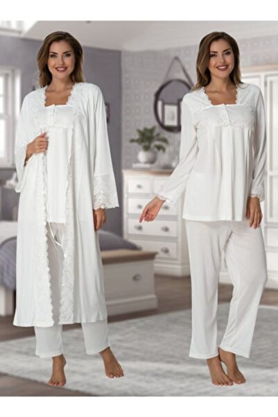 Effortt Set halat de pijama cu maneca lunga de maternitate Effort 7014-ecru