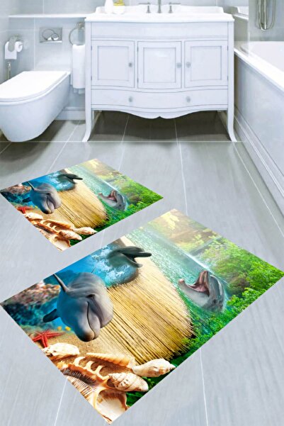 Resmiro Sevimli Yunus Desenli 2li Banyo Paspası (50x60 Cm - 60x100 Cm)