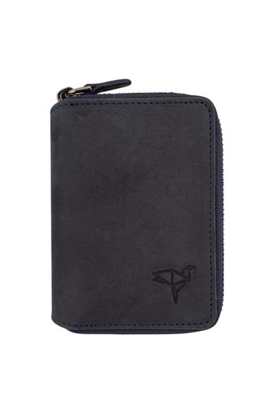 Garbalia Vintage Leather Zippered Navy Blue Unisex Card Holder Money Portfolio Calfskin