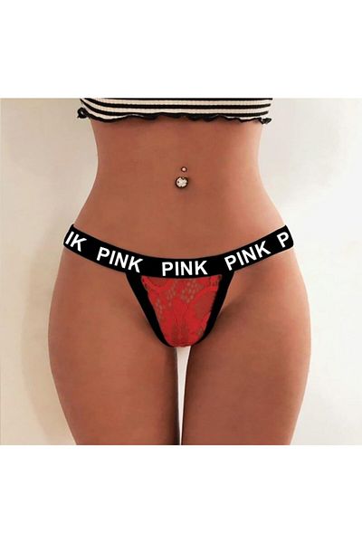 Secret Passion Lingerie Red Lace Detailed Fancy Thong with Pink Printed Elastic Stripe on the Waist