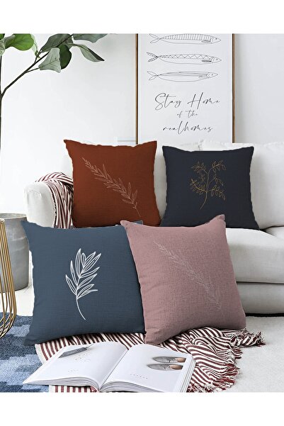 Realhomes 4'lü Çift Taraflı Renkli Zeminli Onedraw Çizimli Yaprak Desenli Mod...