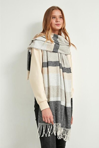 FELLMENS Flc13409 - Γυναικείο σάλι με μοτίβο ψαροκόκαλου σε μαύρο ανθρακί