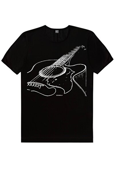 ROCKANDROLL تي شيرت رجالي بأكمام قصيرة بأوتار الجيتار باللون الأسود