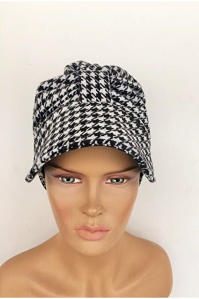Vera Bone Hazır Türban Şapka Alya Bone Siyah Beyaz Kaz Ayağı Desenli Triko Şapkalı Kışlık Tesettür Bone
