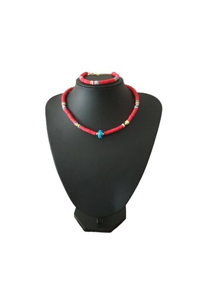 EDWOL Fimo Soft Evil Eye Beaded Necklace and Bracelet Set Red