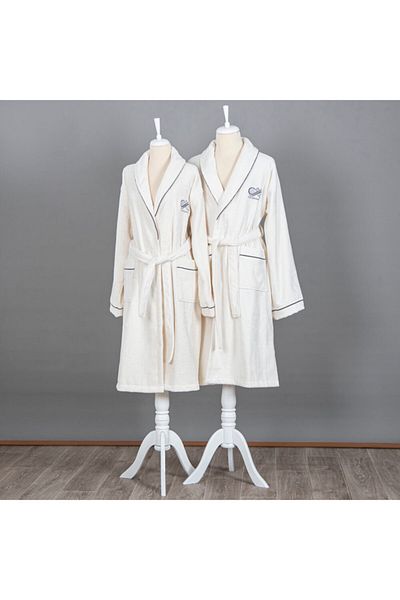 NICEHOMEART Men's Cream Wrap Embroidered Ribbed Shawl Collar Bathrobe