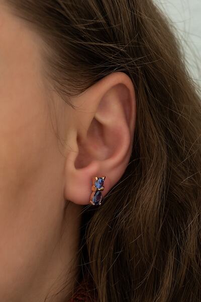 Nereze 925 Ayar Tanzanit Taşlı Kedi Küpe Kadın Gümüş Küpe