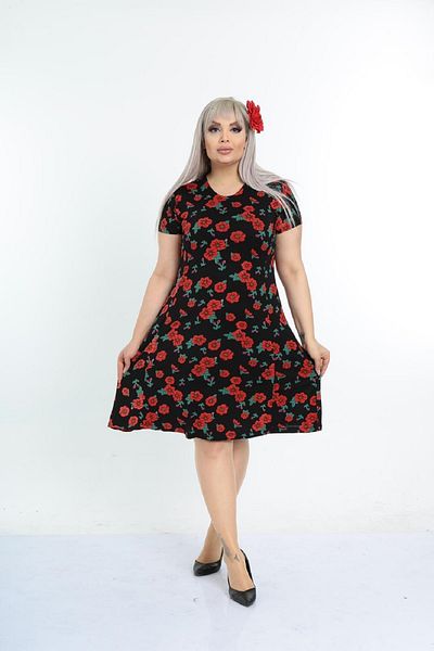 Şirin Butik Women's Large Size Black Casual Viscose Dress with Poppy Pattern
