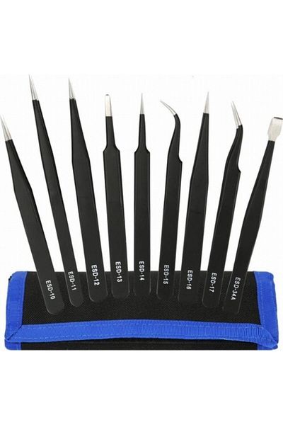 Daytona Esd 9-Piece Stainless Steel Precision Anti Static Tweezers Kit