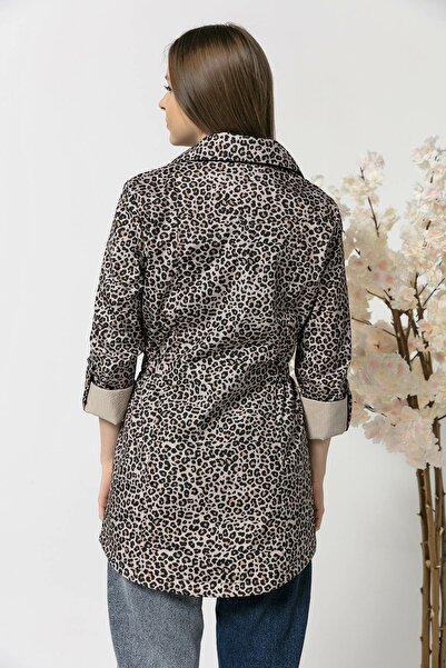 diaves Γυναικείο αδιάβροχο με μοτίβο λεοπάρ γιακά με τσέπες