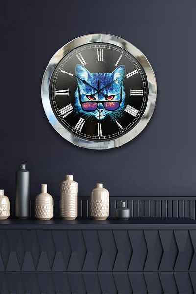 Kasva Concept Gift 36 cm Chrome Metal Cat Wall Clock