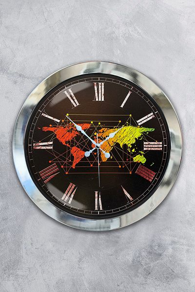 Kasva Concept Gift 36 cm Chrome Metal Map Wall Clock