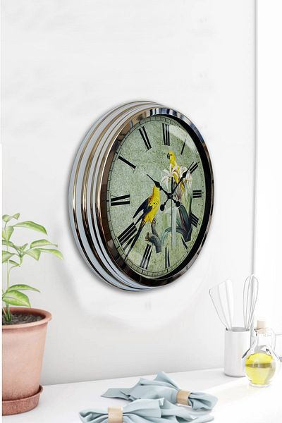 Kasva Concept Cadou 40 Cm Ceas de Perete Păsări Metal Cromat