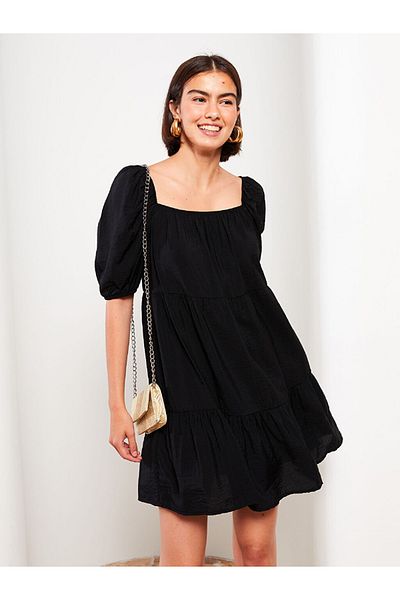 LC Waikiki Lcw Vision Black Square Neck Straight Balloon Sleeves Women's Dress