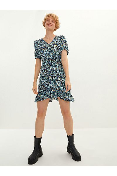 LC Waikiki V-Neck Floral Short Sleeve Viscose Women's Dress