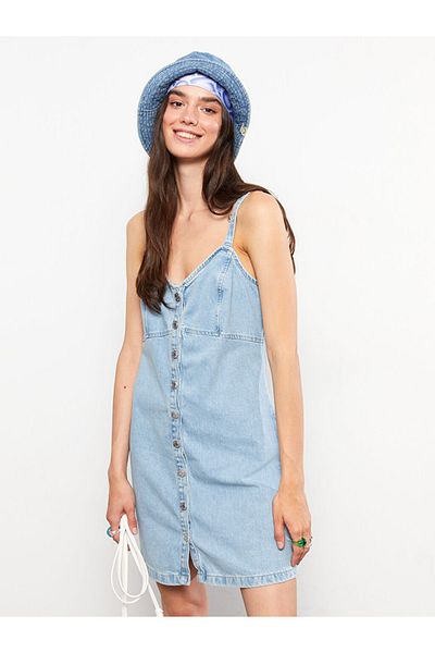 LC Waikiki Γυναικείο τζιν φόρεμα Sweetheart ίσιο λαιμόκοψη