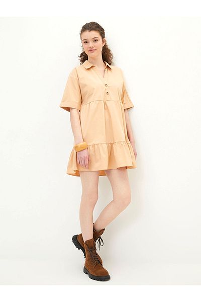LC Waikiki Casual Shirt Collar Plain Short Sleeve Poplin Women's Dress