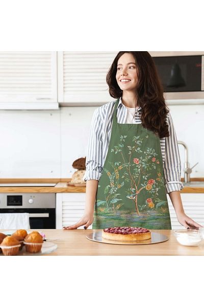 Adawall Green Flower Detailed Kitchen Apron (linen Fabric, International Washing and Fading Certificate)