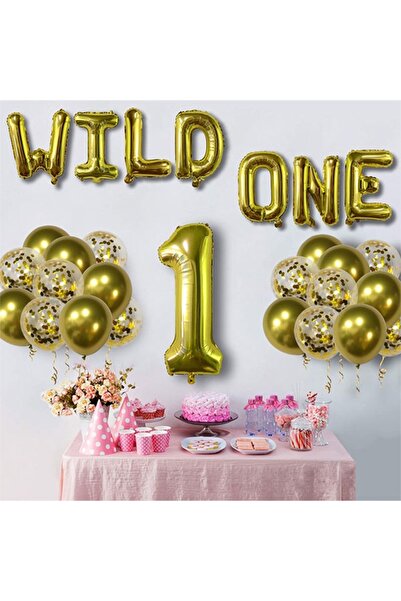 PARTİAVM بالون رقم عمره عام واحد وبالون فويل مكتوب عليه Wild One + باقة بالون...