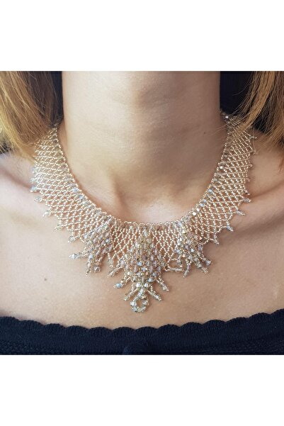 Handmade By HLY El Yapımı Goldrose Detaylı Kristal Kolye
