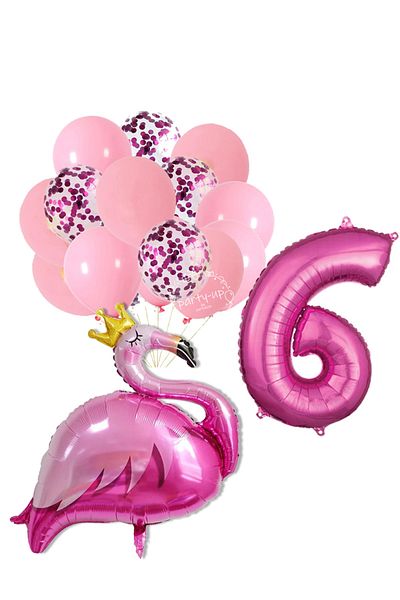 PARTİAVM Flamingo Theme Fuchsia Number Balloon Fuchsia Sequin Transparent Balloon Bouquet