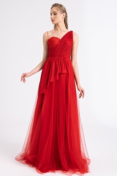 Lenta Moda Drape Detaylı Simli Kırmızı Renk Abiye Ve Gece Elbisesi