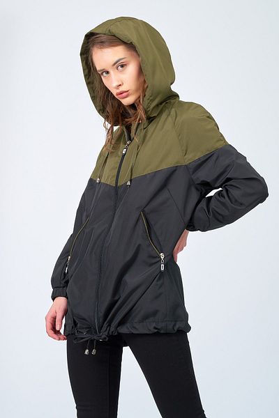 Moda Tuğram Women's Black Khaki Hooded Raincoat