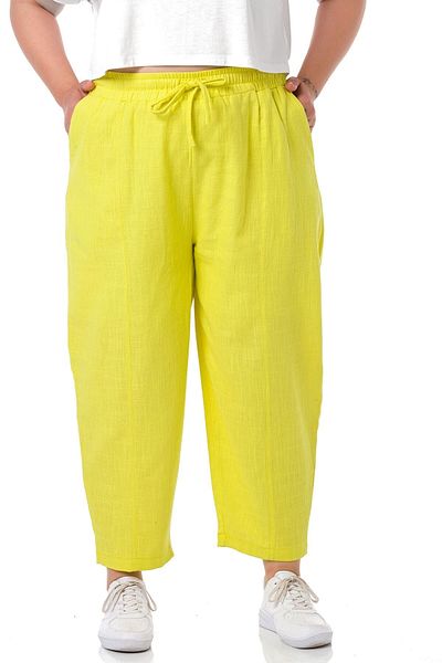 DISENTIS MODEST Plus Size Half Baggy Lined Women's Linen Yellow Trousers with Pockets, Elastic Waist and Drawstring