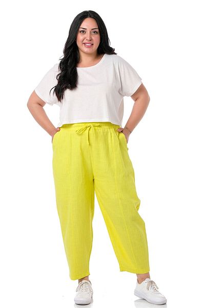 DISENTIS MODEST Plus Size Half Baggy Lined Women's Linen Yellow Trousers with Pockets, Elastic Waist and Drawstring
