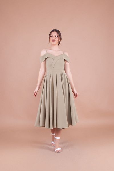 Bidoluelbise Women's Strappy Off-Shoulder Detail Pleated Midi Dress