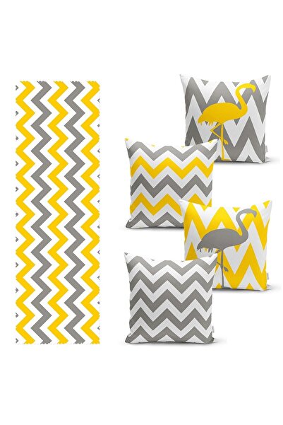 Realhomes Set de 4 huse de pernă cu zig-zag și flamingo galben și gri și 1 pasaj