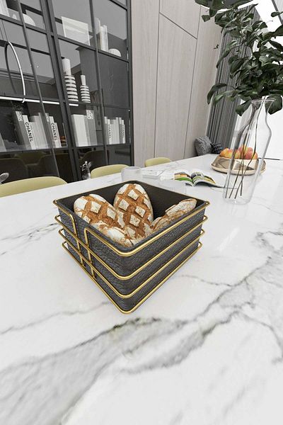 SUNTEL BANYO MUTFAK AKSESUARLARI Bread Basket Multi-Purpose Metal Box Luxury Gold Stainless Basket Black Fabric