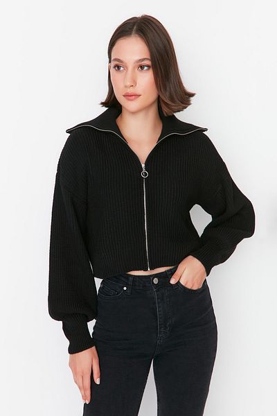 Trendyol Collection Zippered Black Crop Knitwear Cardigan - Twoaw23Hi00373