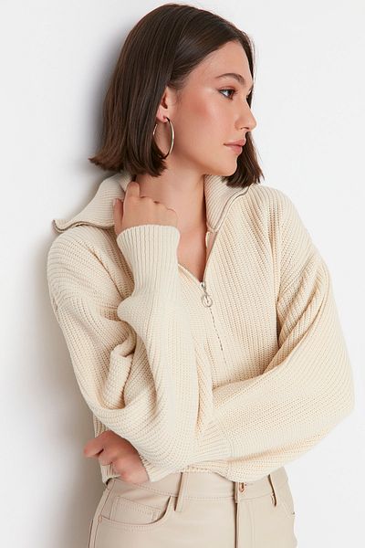 Trendyol Collection Ecru Knitwear Crop Cardigan - Zippered, Twoaw23Hi00373