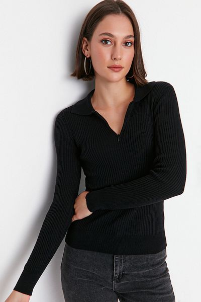 Trendyol Collection Black Zipper Detailed Knitwear Sweater TWOAW23KZ01493