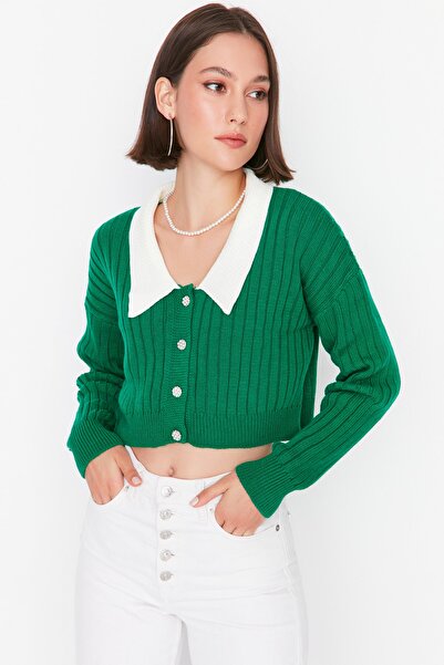 Trendyol Collection Green Knitwear Crop Cardigan - Shirt Collar Twoaw23Hi00519