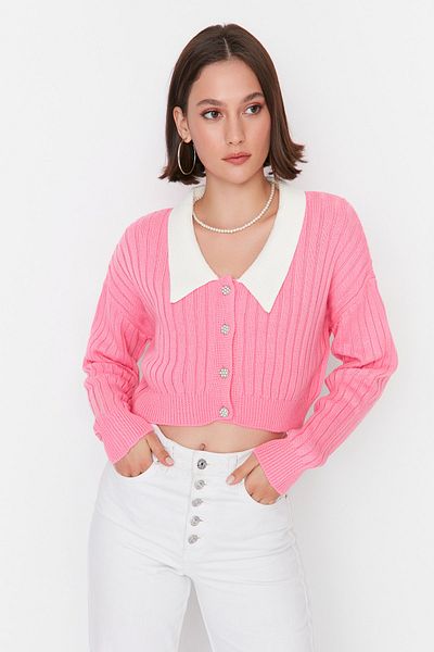 Trendyol Collection Pink Super Crop Shirt Garnish Knitwear Cardigan Twoaw23Hi00519