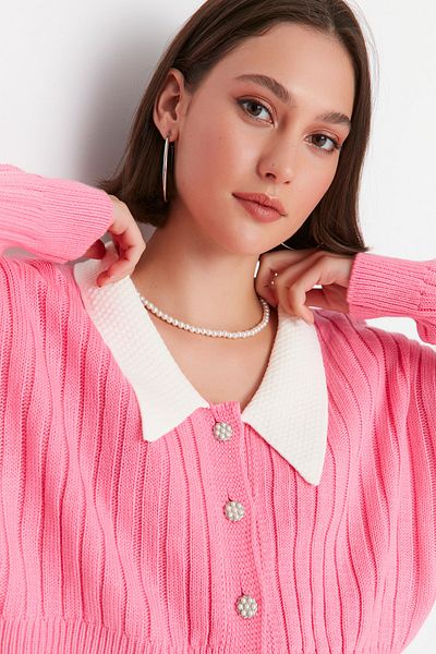 Trendyol Collection Pink Super Crop Shirt Garnish Knitwear Cardigan Twoaw23Hi00519